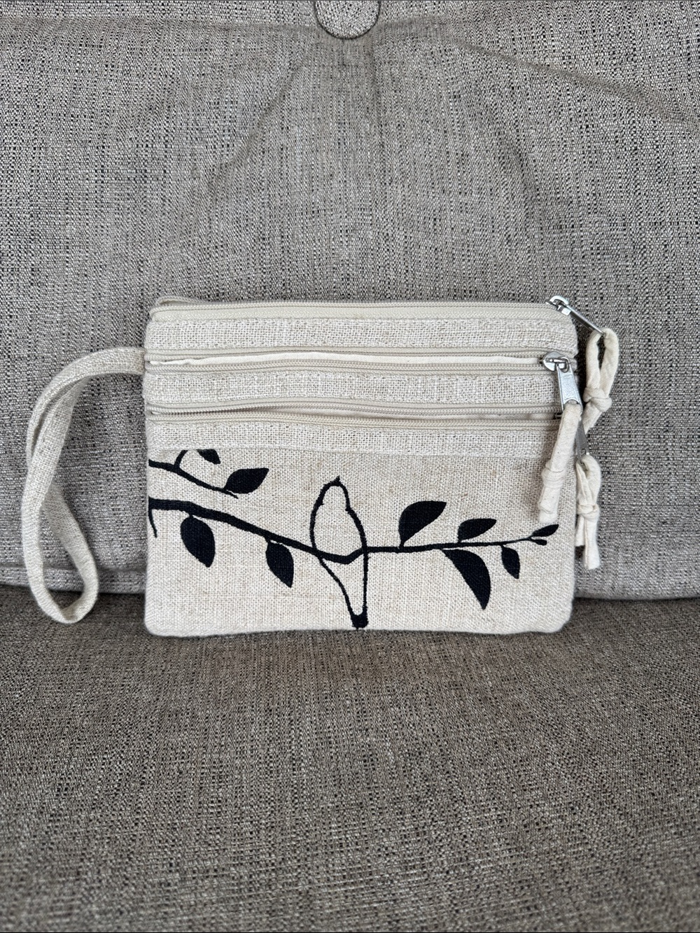 stem Cream Canvas Wristlet with Black Bird & Branch Print